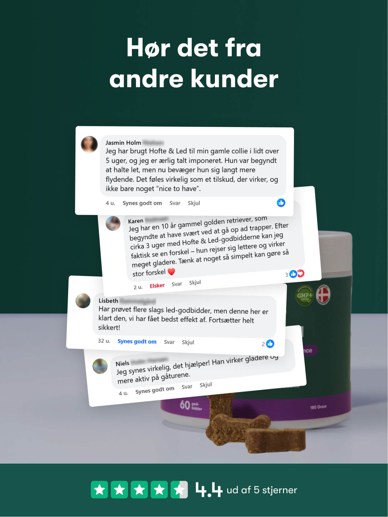 Kundeanmeldelser af ledtilskud til hunde, produktdåse med godbidder og 4,4 ud af 5 stjerner