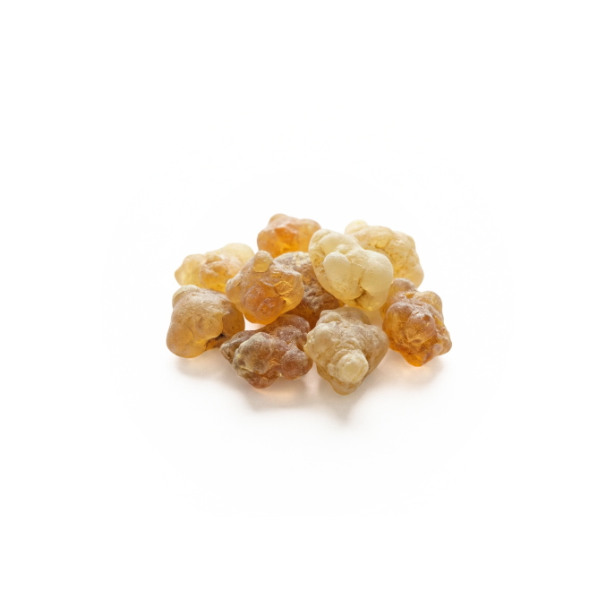 Gyldne klumper af Boswellia serrata ekstrakt (harpiks) på hvid baggrund