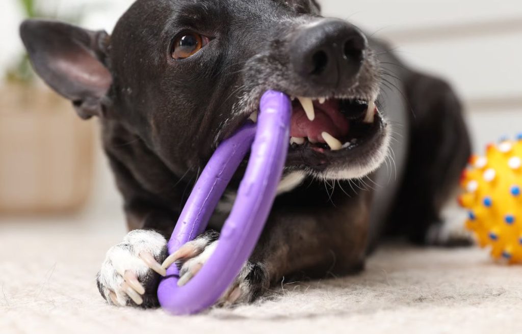 Sort hund bider i lilla legetøjsring, holder den med forpoter, synlige tænder og orange kugle i baggrunden