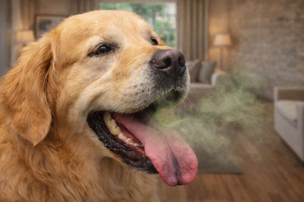 Golden retriever med åben mund, tungen hængende og synlig dårlig ånde