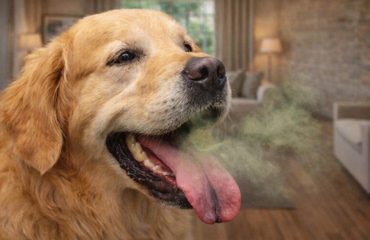 Golden retriever med åben mund, tungen hængende og synlig dårlig ånde