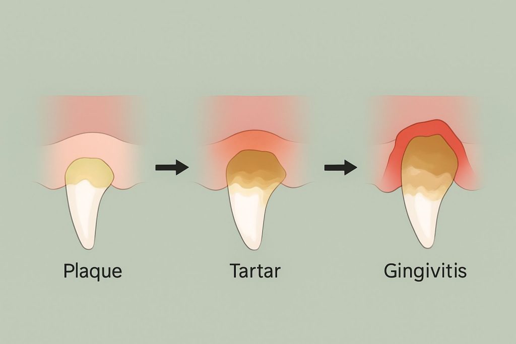 Tegning af tandens forløb: plak, tandsten og rød, hævet tandkød ved gingivitis