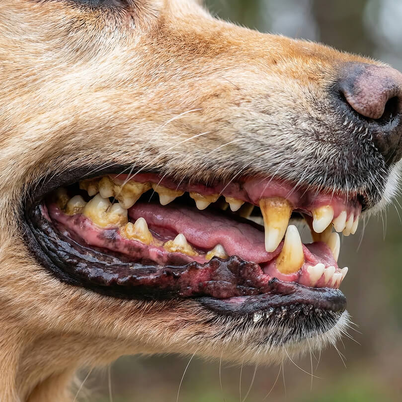 Nærbillede af hundemund med kraftig tandsten, gulne tænder og betændt tandkød